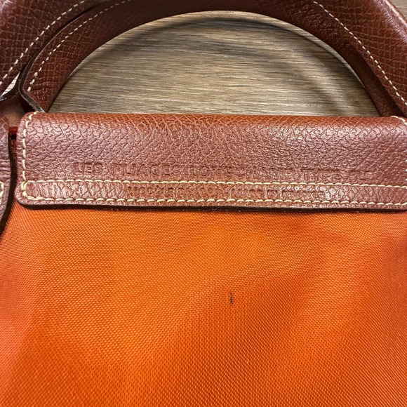 Longchamp Le Pliage Large Travel Weekender Tote Orange Leather Fair Condition - Picture 12 of 16